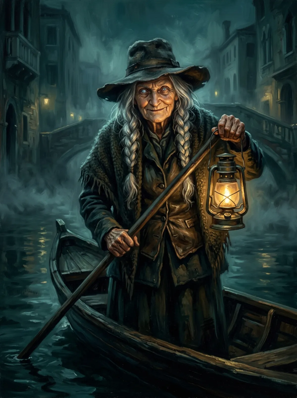 Painted portrait of Odalys Vane, an old ferrywoman with silver braids, a wide weathered hat and one clouded eye, smiling slyly with a lantern and pole in a narrow boat on a misty canal.