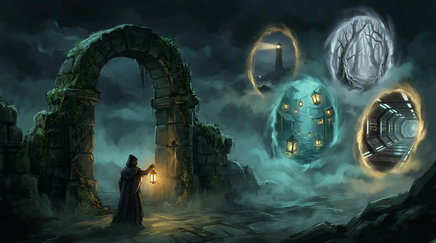 A hooded traveler with a lantern stands before a ruined stone arch in the mist; beyond it float glowing doorways to a lighthouse, a lantern-lit drowned market, a silver forest and a starship corridor.